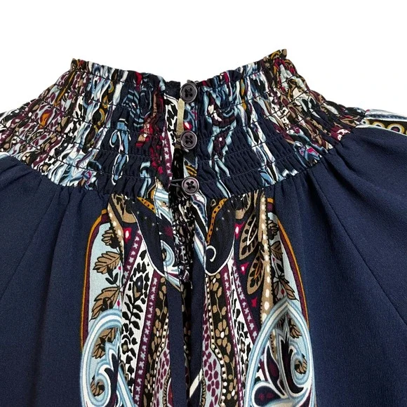 Chicos Sz 2 US L / 12 Paisley Print Smocked‎ Mock Neck Long Sleeve Blouse - Picture 7 of 9